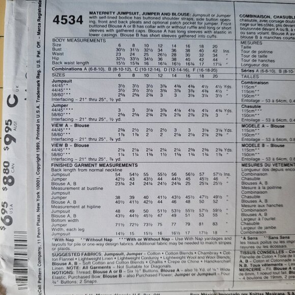 McCall's 4534 MATERNITY Pleated Jumpsuit, Jumper & Blouse Misses 12-14-16 - Picture 3 of 3